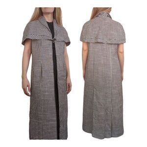 Vintage 60s Mod Black White Gingham Cloak Cape Red Lining S